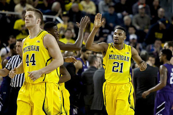 Max Bielfeldt (44), Caris LeVert (23), and Zak Irvin (21)