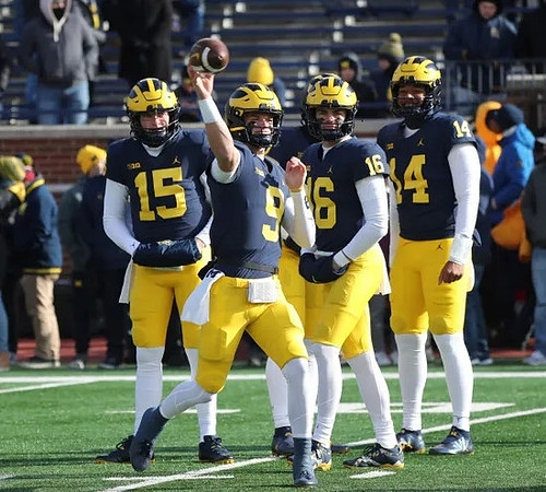 Alan Bowman (15), J.J. McCarthy (9), Davis Warren (16), and Jayden Denegal (14)
