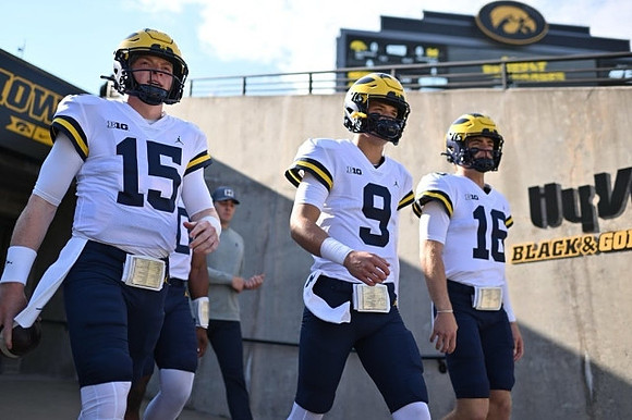 Alan Bowman (15), J.J. McCarthy (9), and Davis Warren (16)