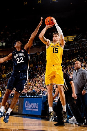Joey Baker (15) and Penn State Head Coach Micah Shrewsberry
