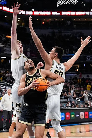 Purdue Head Coach Matt Painter, Danny Wolf (1), and Vladislav Goldin (50)