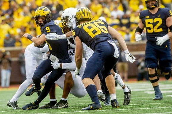 J.J. McCarthy (9), Luke Schoonmaker (86), and Karsen Barnhart (52)
