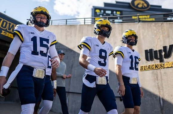 Alan Bowman (15), J.J. McCarthy (9), and Davis Warren (16)
